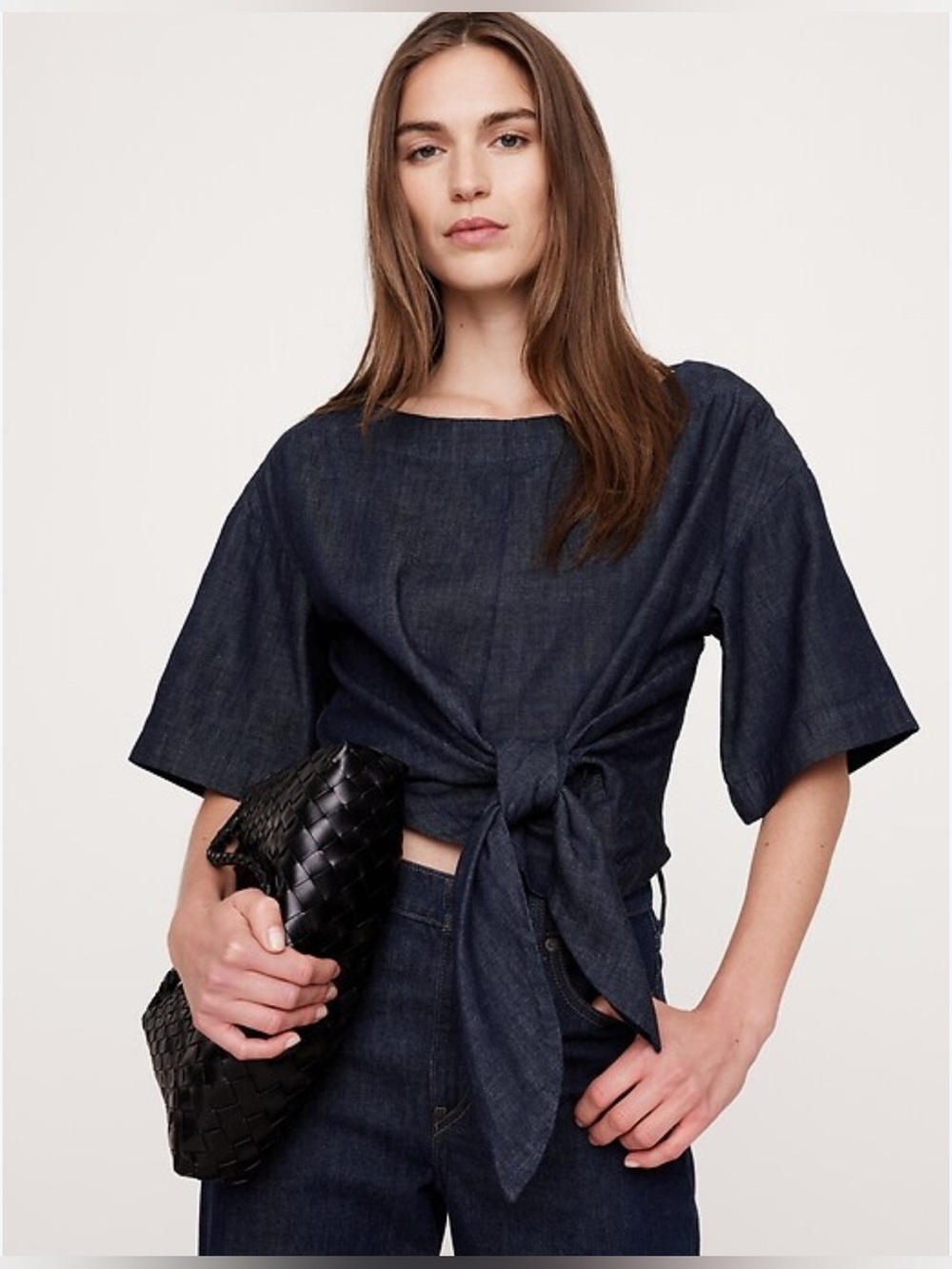 Banana Republic NWT Women’s Denim Cropped Tie Shirt Blouse Size Small